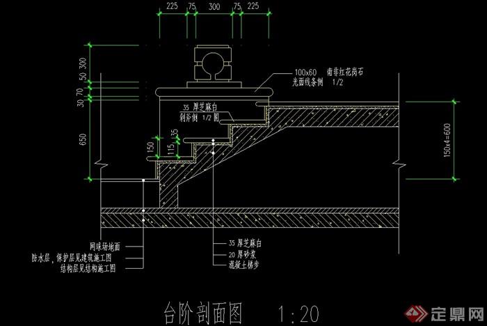 台阶设计cad施工图,图纸包含了详细的材料及尺寸标注,包含了平剖面图