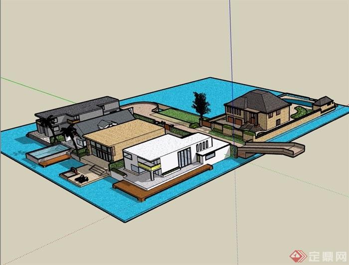 五种不同的详细别墅建筑设计su模型