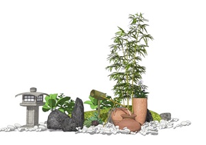 新中式景观小品 石头 植物 鹅卵石 石灯 竹子植物盆栽组合SU(草图大师)模型