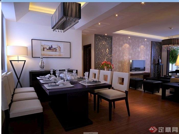 中式完整详细客厅餐厅空间3d模型及效果图