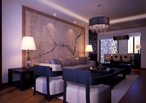 中式完整详细客厅餐厅空间3d模型及效果图