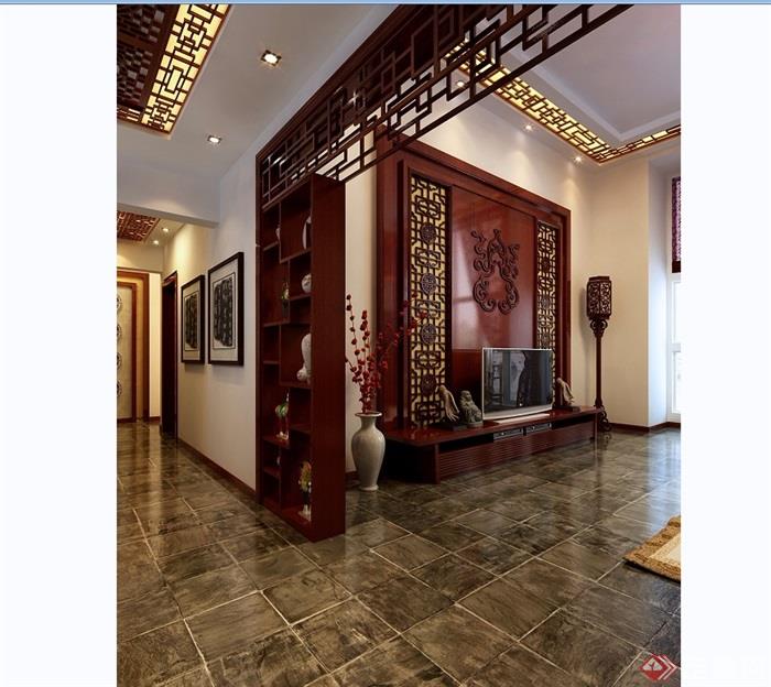 中式客厅空间3d模型及效果图