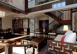 中式详细的完整客餐厅空间3d模型及效果图