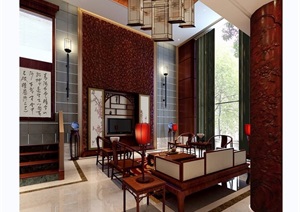 现代中式详细的客厅空间装饰3d模型