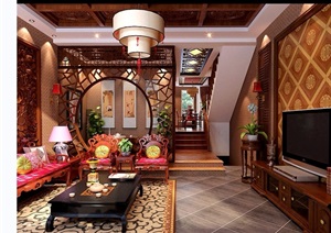 详细的中式客厅空间装饰3d模型