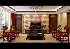 详细的中式客厅空间设计3d模型