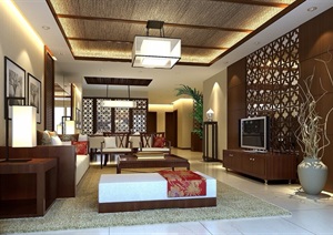 中式详细完整的客厅空间详细设计3d模型