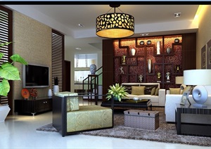 中式详细的客厅空间装饰设计3d模型