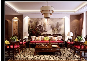 中式详细完整的客厅装饰空间3d模型