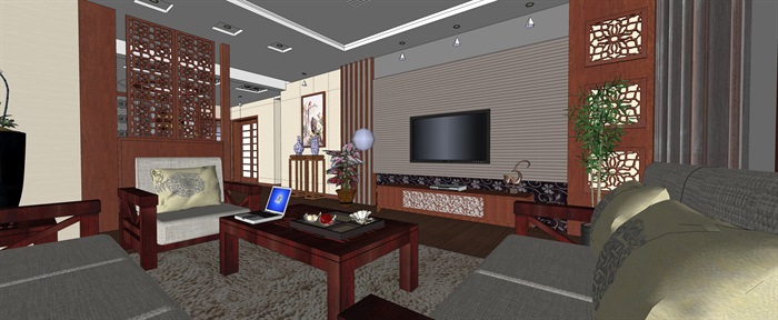 简洁精美的中式客厅SU模型设计-(5)