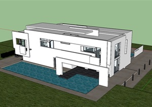 仿白色派迈耶建筑的现代主义风格详细的别墅建筑SU(草图大师)模型