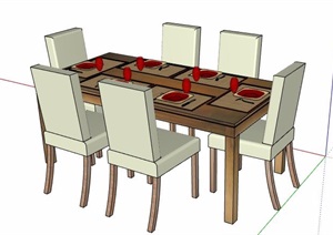 现代风格六人座桌椅组合家具素材SU(草图大师)模型