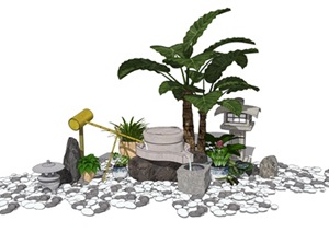 新中式景观小品 石头 跌水植物 盆栽 日式草坪灯组合SU(草图大师)模型