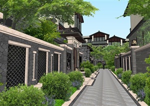 中式联排别墅带景观SU(草图大师)模型