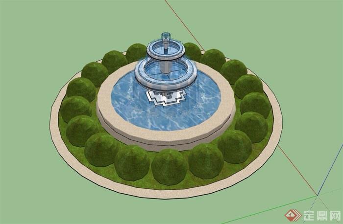 园林景观欧式圆形水钵水池设计su模型