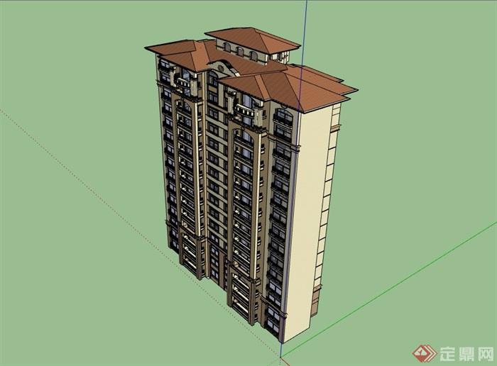 欧式详细的完整小高层住宅楼设计su模型