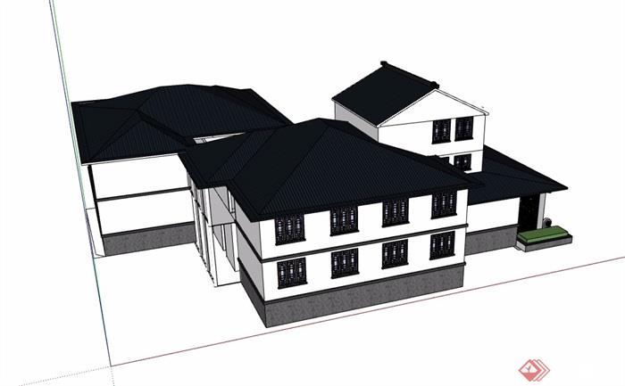 中式详细的三层会所建筑楼设计su模型
