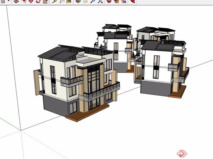 三层现代详细的别墅住宅建筑楼su模型