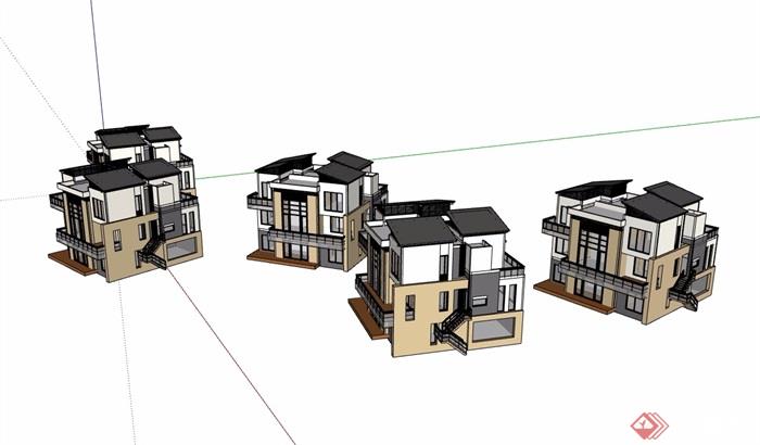 三层现代详细的别墅住宅建筑楼su模型