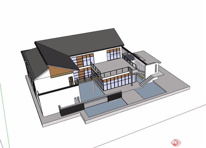 两层半中式住宅别墅设计su模型