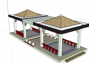 某整体详细的完整亭廊素材设计SU(草图大师)模型