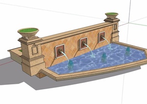 园林景观详细的喷泉水池景墙素材SU(草图大师)模型