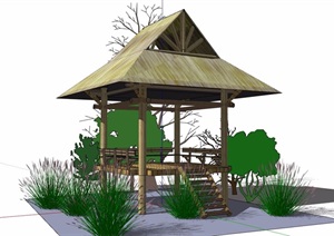 东南亚详细的木质亭设计SU(草图大师)模型