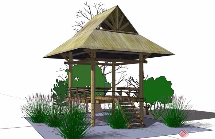 东南亚详细的木质亭设计su模型