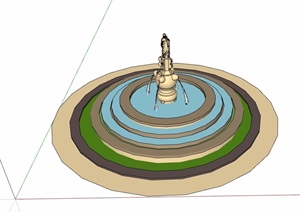 欧式风格详细的圆形喷泉水池SU(草图大师)模型