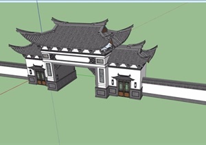 古典中式风格详细的围墙大门建筑SU(草图大师)模型