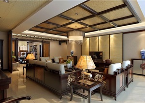 中式详细的室内客厅空间装饰3d模型及效果图