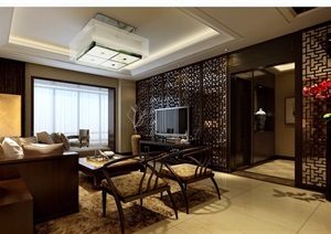 现代中式客厅详细完整空间3d模型