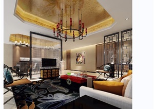 中式详细完整客厅设计3d模型及效果图