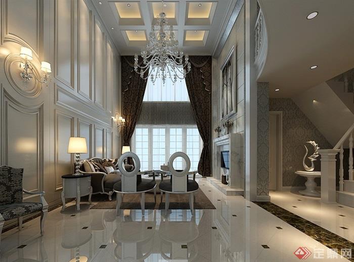 美式风格详细的跃层客厅空间3d模型及效果图