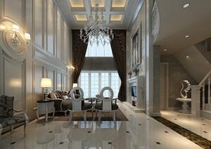美式风格详细的跃层客厅空间3d模型及效果图