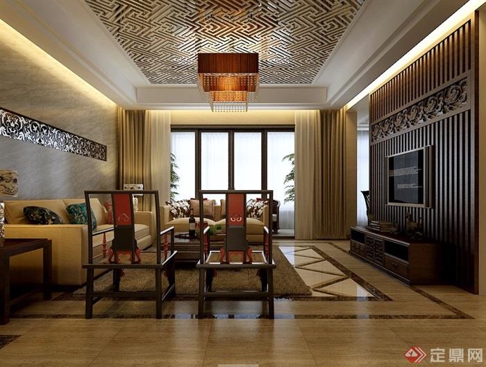 中式详细的完整客厅装饰空间设计3d模型