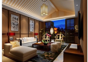 中式详细完整的客厅空间装饰设计3d模型
