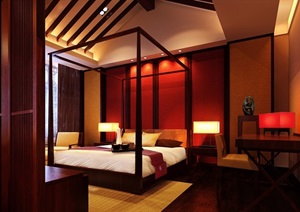中式详细的卧室室内装饰设计3d模型
