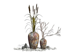 景观小品工艺品 盆栽 花盆 鹅卵石 石头 植物 铁锈花瓶组合SU(草图大师)模型